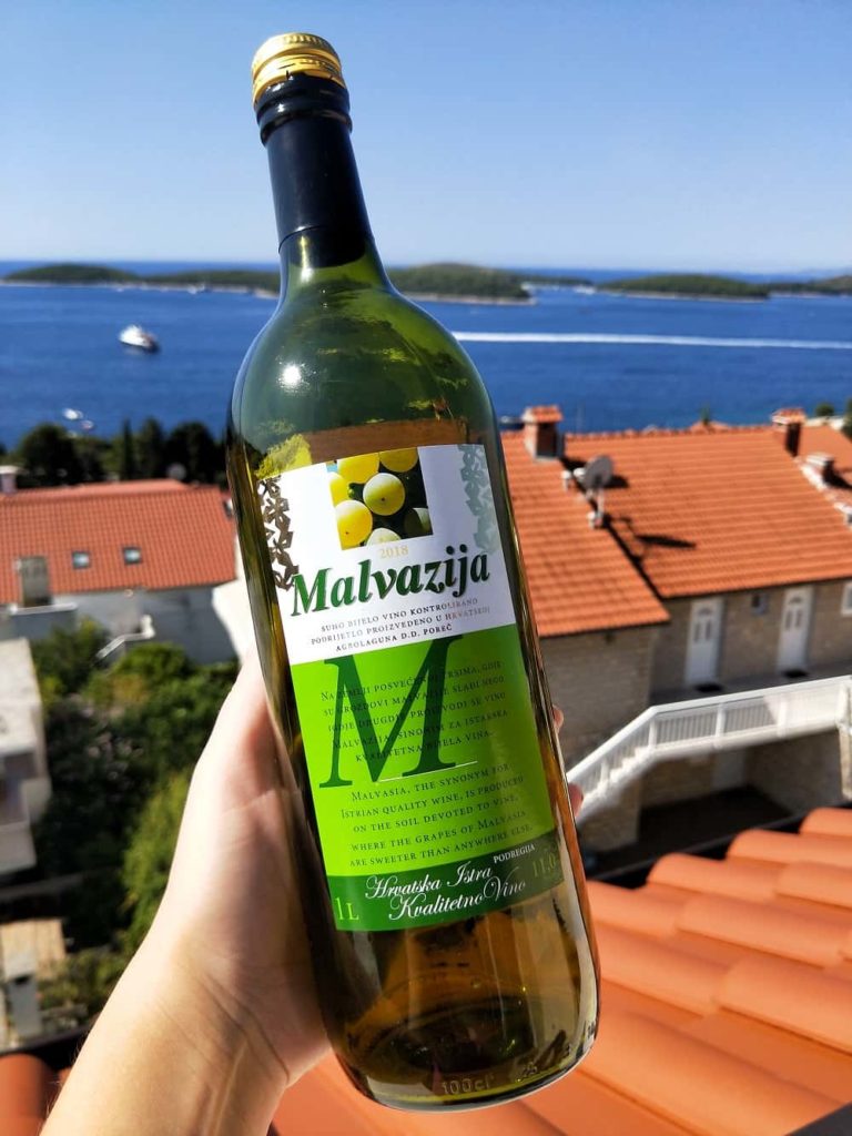 hand holding white wine bottle with house roof in the background and sea view