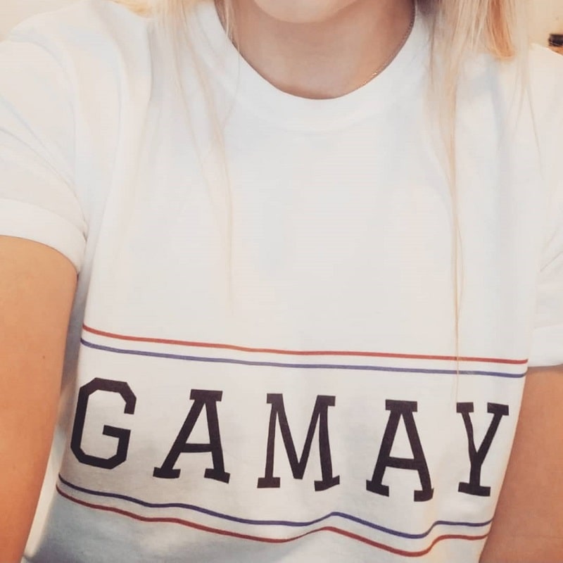 christmas gift guide white t shirt with gamay written across it